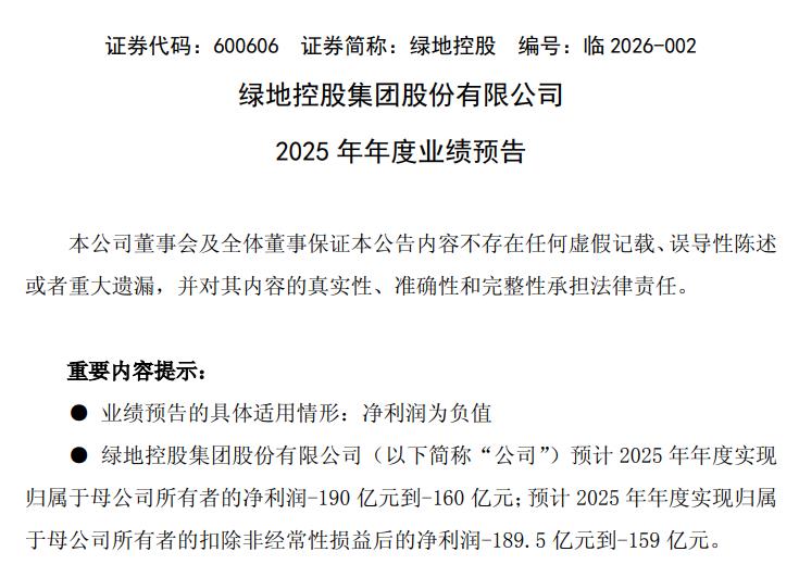 绿地控股：预计2025年净亏损160亿元-190亿元